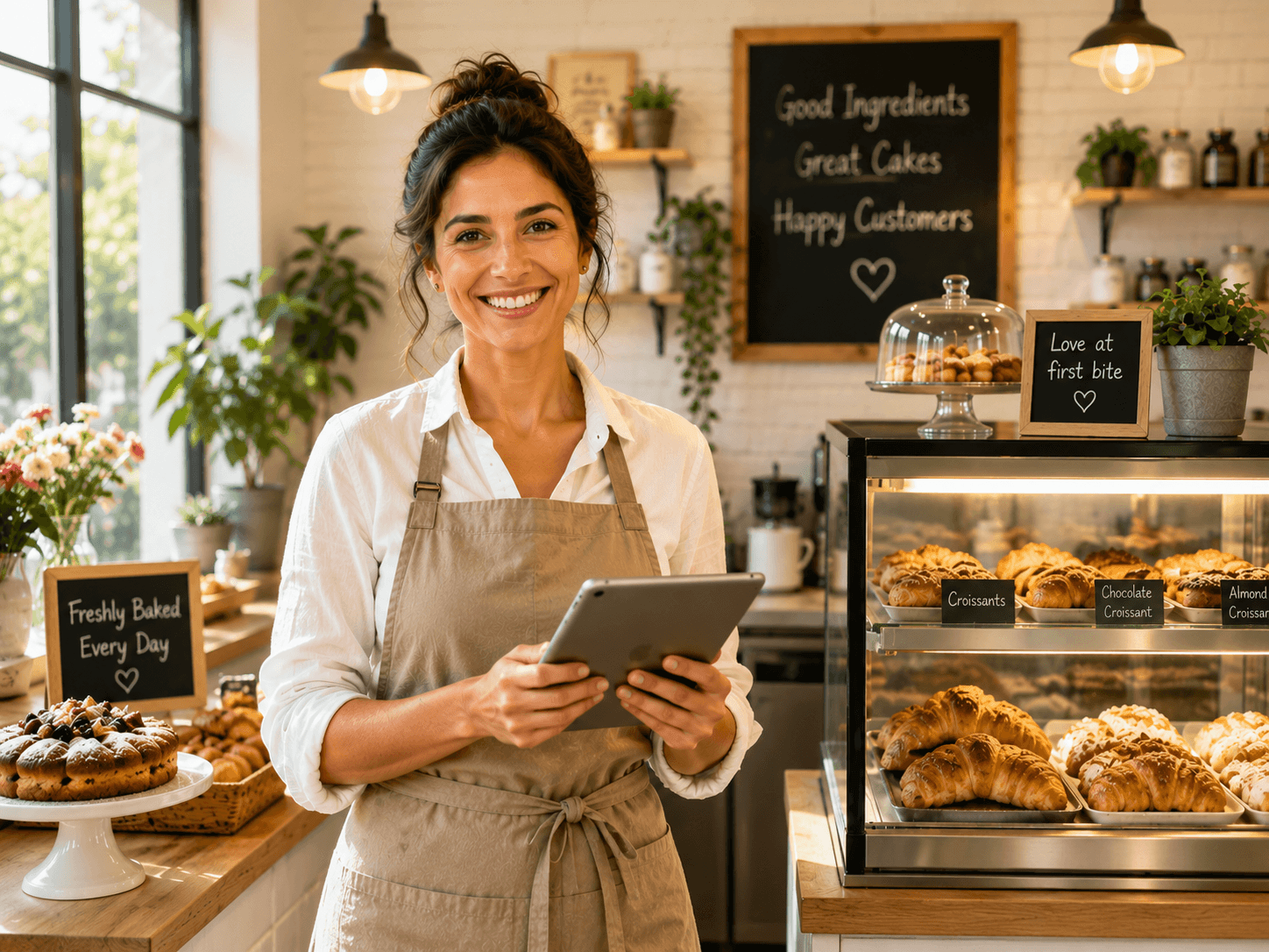 Bakery owner with a tablet in front of the pastry display