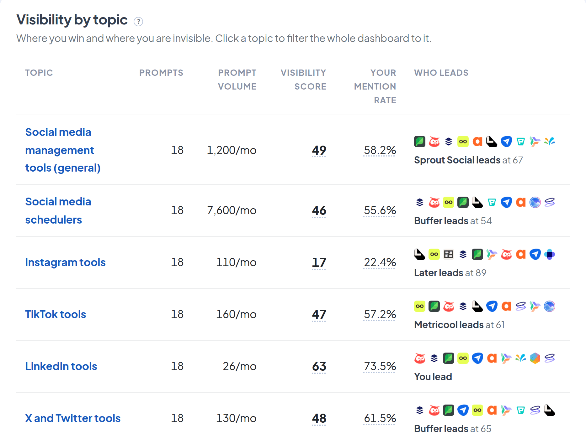 Visibility by topic table: score, mention rate and leading brands per topic