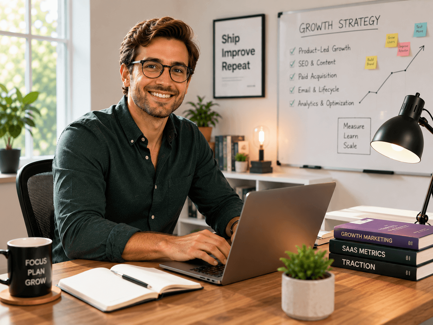 SaaS marketer working on a laptop beside a growth plan whiteboard